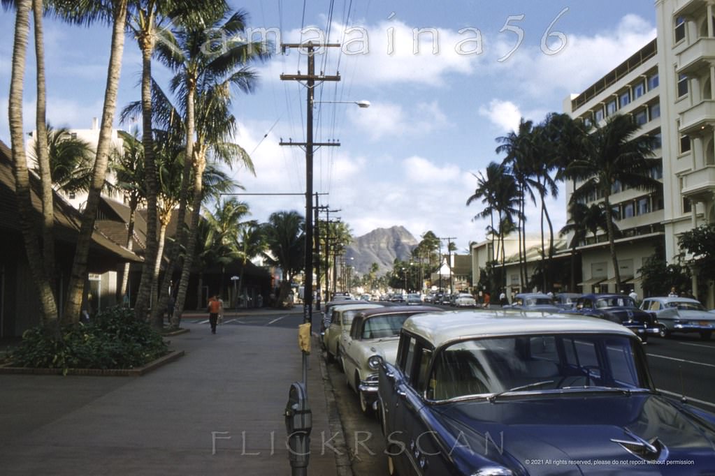 Waikiki’s Kalakaua Avenue looking east from the corner of Kaiulani Avenue (center left), 1960