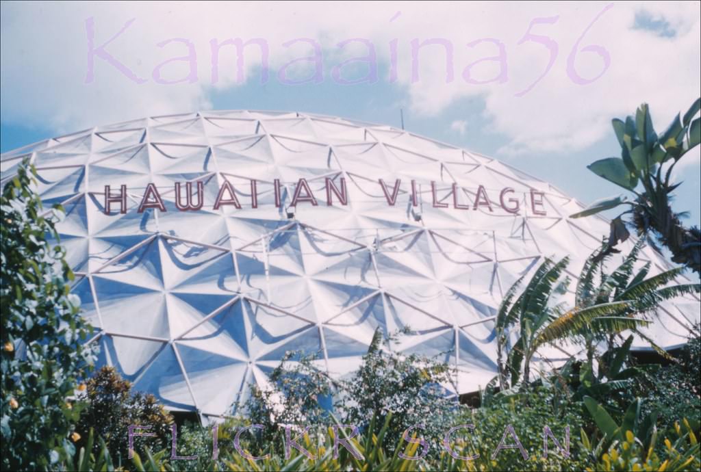 View of Kaiser Aluminum Dome at the pre-Hilton Hawaiian Village Hotel from the Ala Moana side, 1960