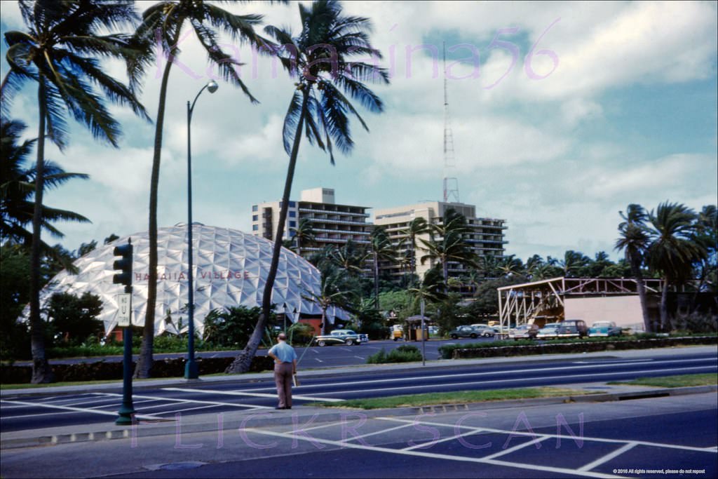 The pre-Hilton Hawaiian Village Hotel viewed from the corner of Ala Moana Blvd. and John Ena Road, 1959