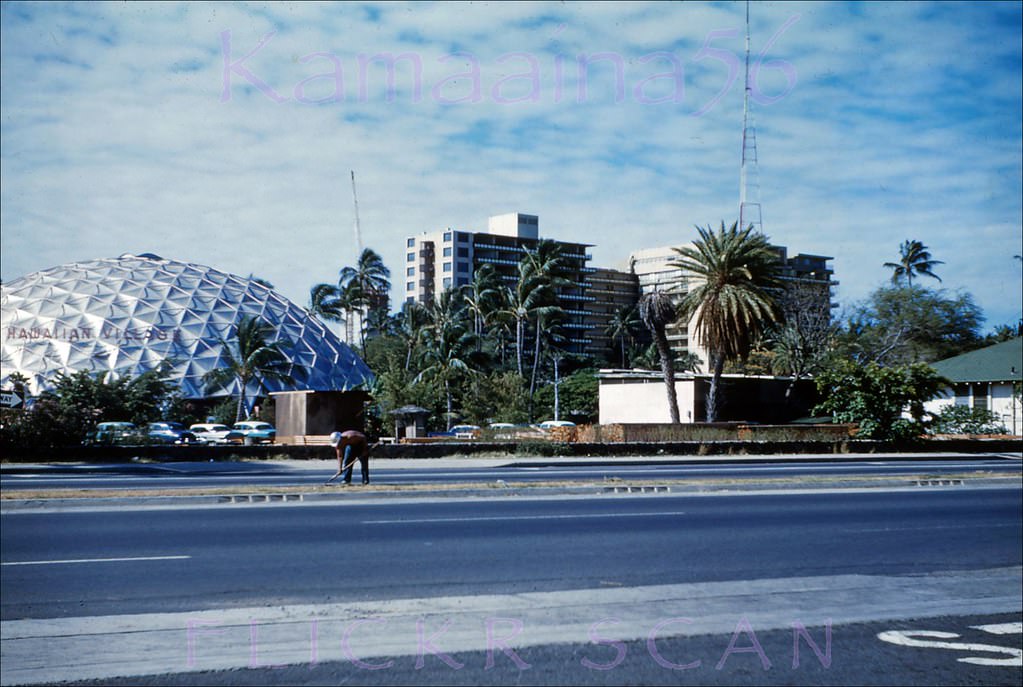 The landmark Kaiser Dome at the pre-Hilton Hawaiian Village Hotel viewed from across Ala Moana Blvd. at John Ena Road, 1960
