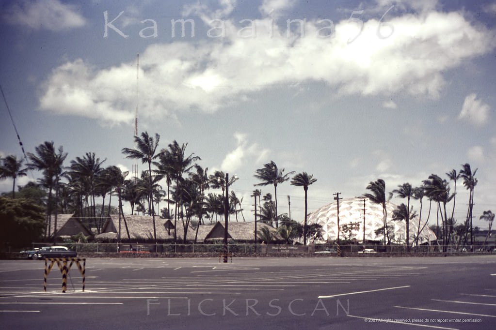 A different angle on the iconic geodesic aluminum dome at industrialist Henry J. Kaiser’s Hawaiian Village Hotel, 1950s