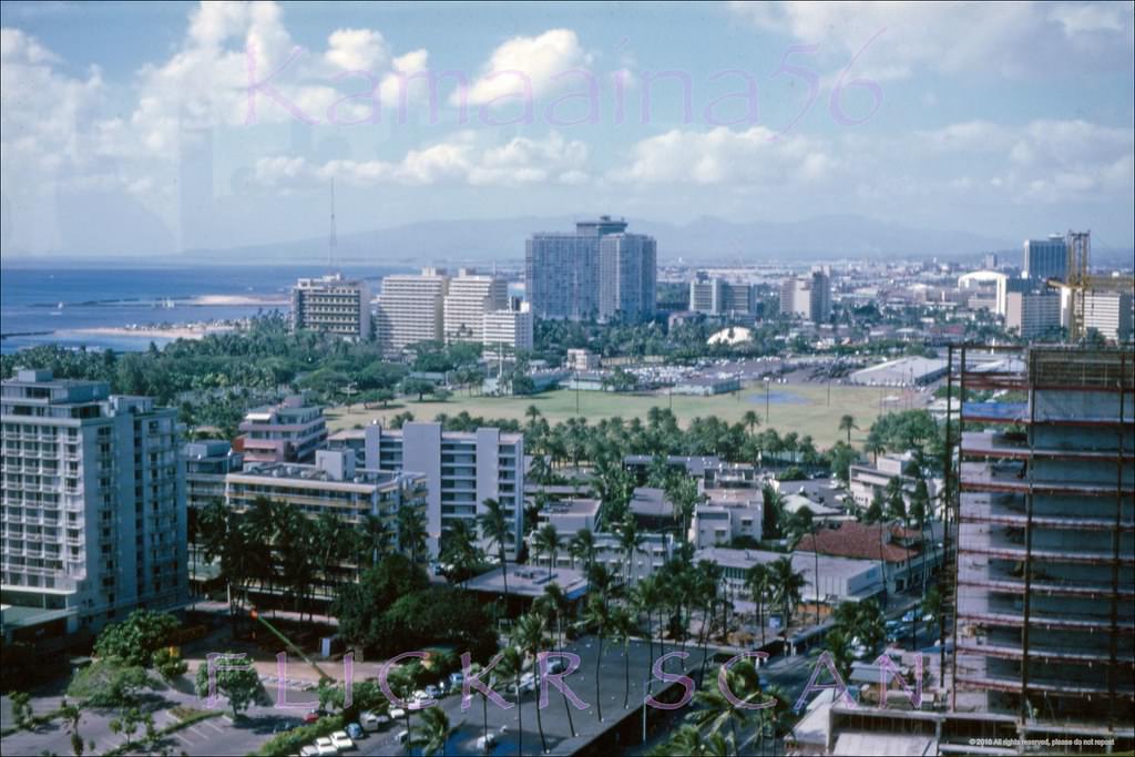 Kalakaua Avenue from the Top of Waikiki restaurant at the Waikiki Business Centre, 1966