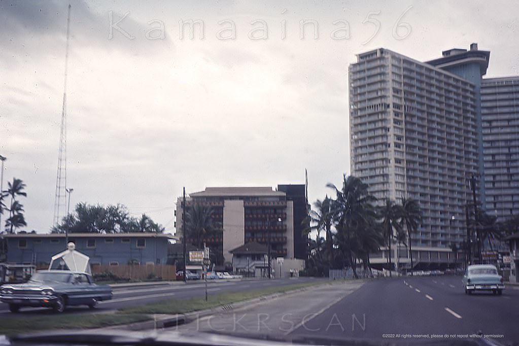 A little further makai (towards the ocean) along Waikiki’s Ala Moana Blvd from the intersection with John Ena Road, 1964