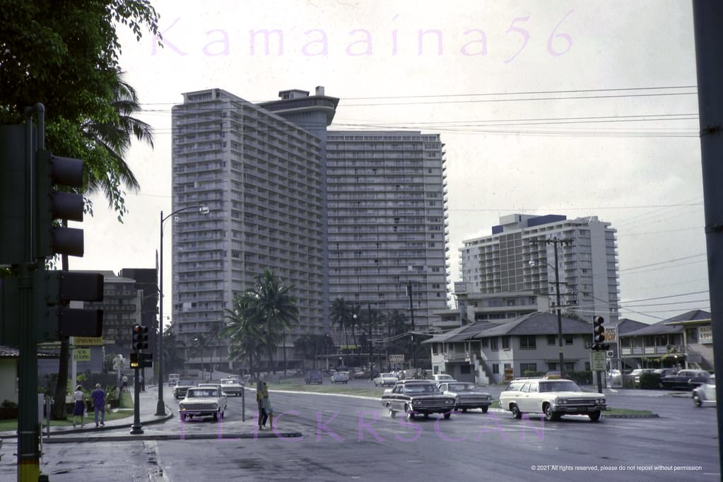 Makai view along the Waikiki stretch of Ala Moana Blvd. from the Kalia Road intersection looking towards the Ilikai Hotel and Yacht Harbor Tower, 1967