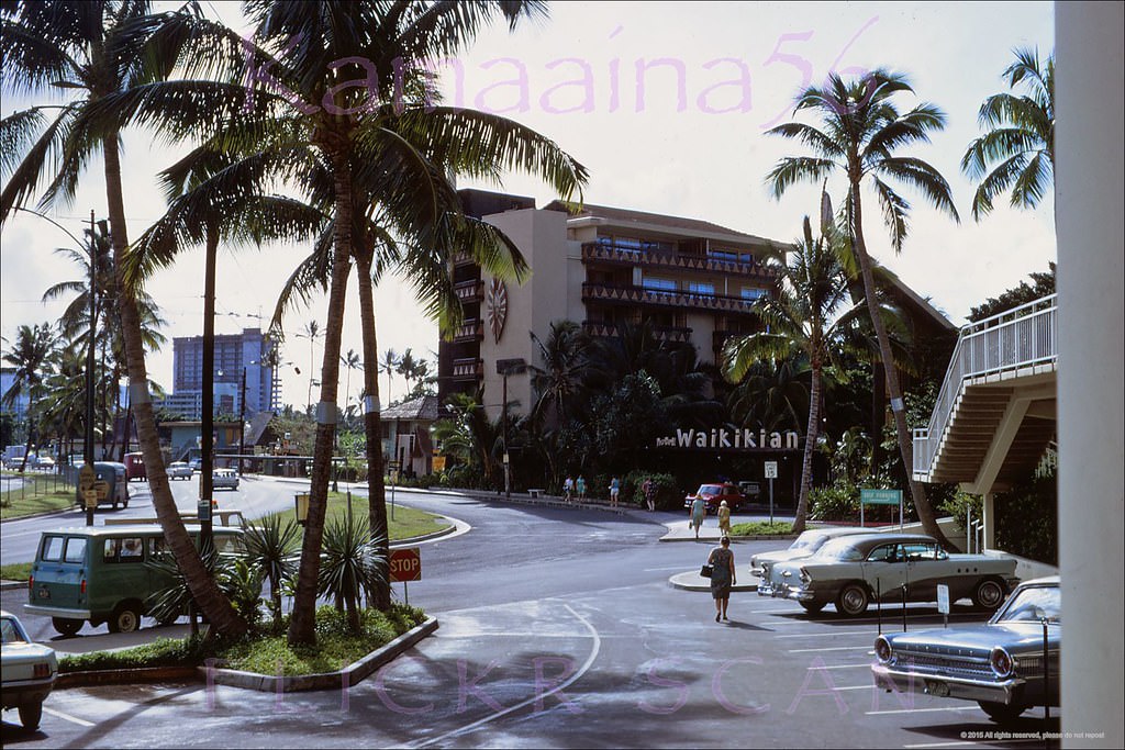 Morning shot along Ala Moana Blvd looking more or less east towards the old Waikikian Hotel from the Ilikai Hotel parking lot, 1967