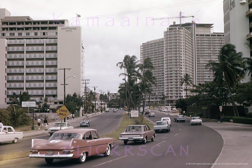 View is looking Diamond Head (more or less east here) along Waikiki’s stretch of Ala Moana Blvd., 1964