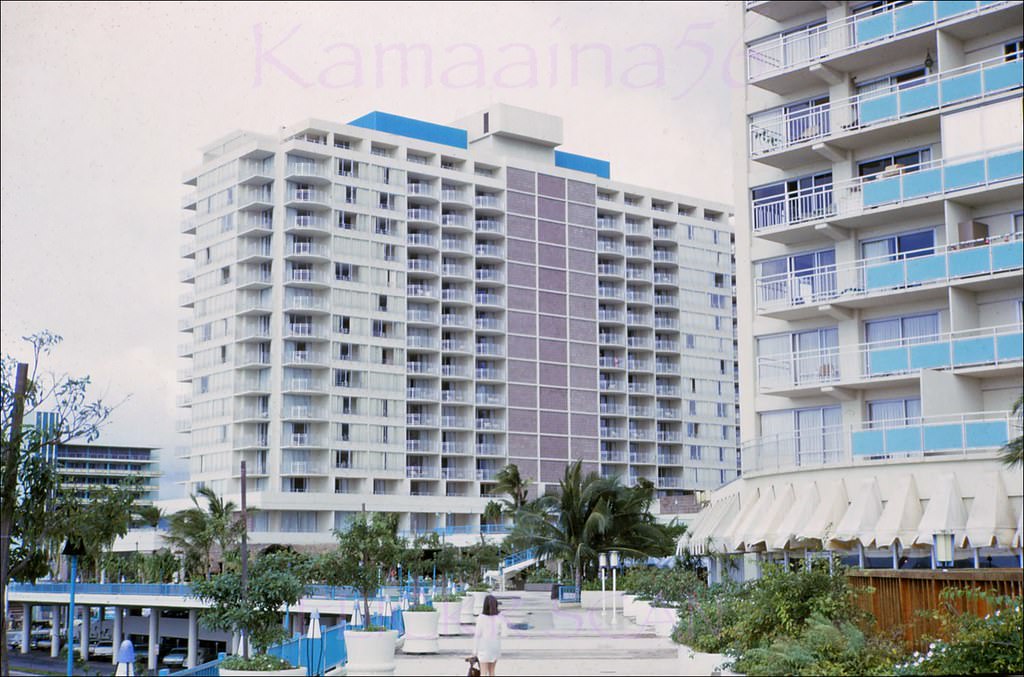 The 17 floor Ilikai Hotel Yacht Harbor Tower, built 1966 next to the 1964 Ilikai Hotel (right) fronting Ala Wai Harbor, 1967