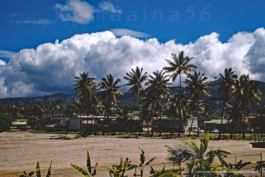 View is looking towards apartment buildings across Ala Moana Blvd. from the old Waikikian Hotel, 1957