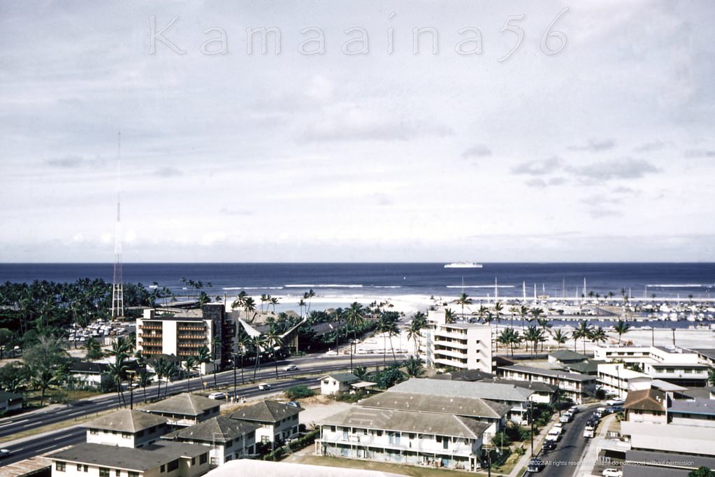 A truly stunning makai (seaward) view of the Waikiki section of Ala Moana Blvd. when it was still a low-rise area, 1961.