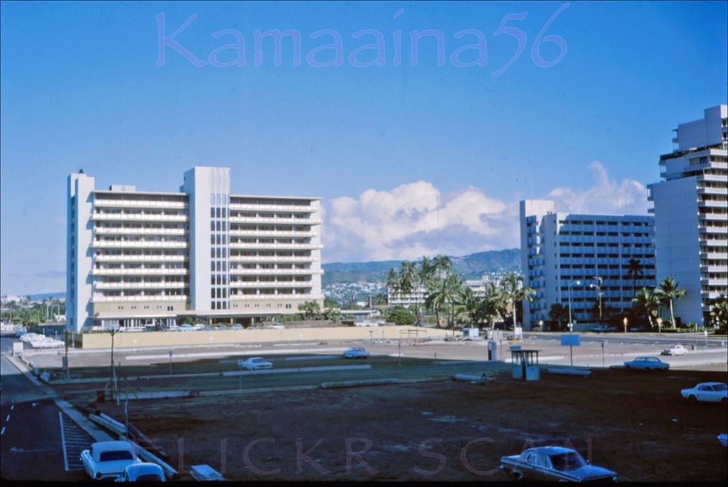 The Kaiser Medical Centre on the waterfront of Ala Wai Yacht Harbor on the west side of Waikiki, 1964