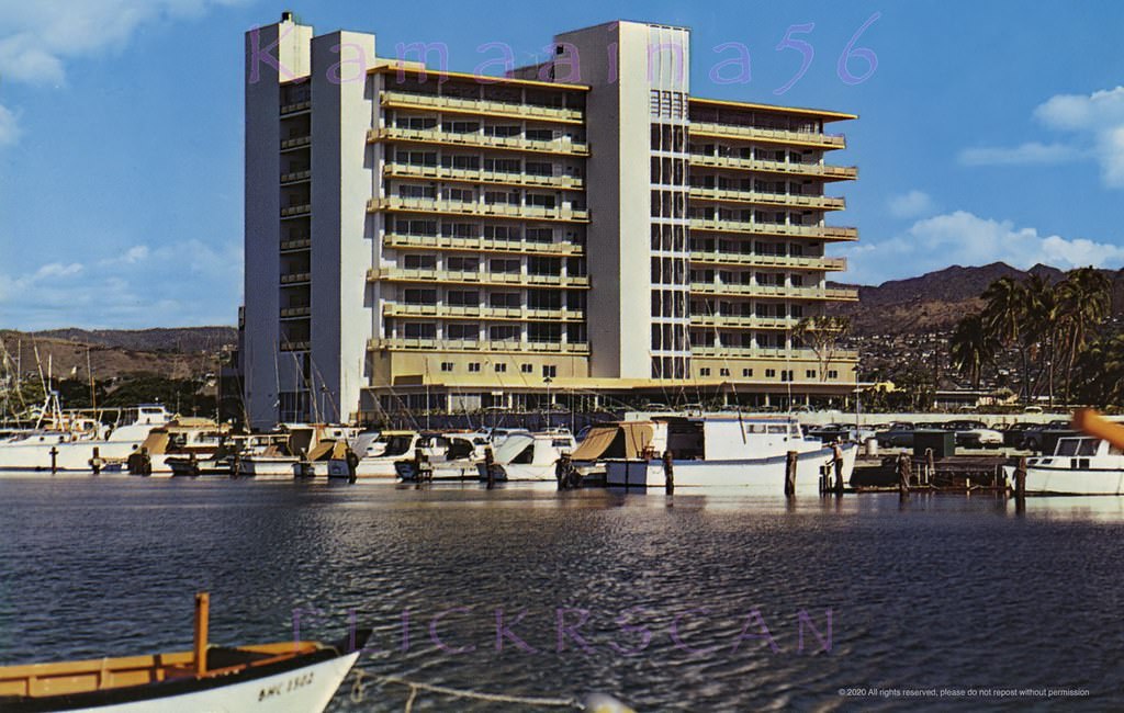 Kaiser Medical Center viewed from Ala Wai Yacht Harbor, 1950s.