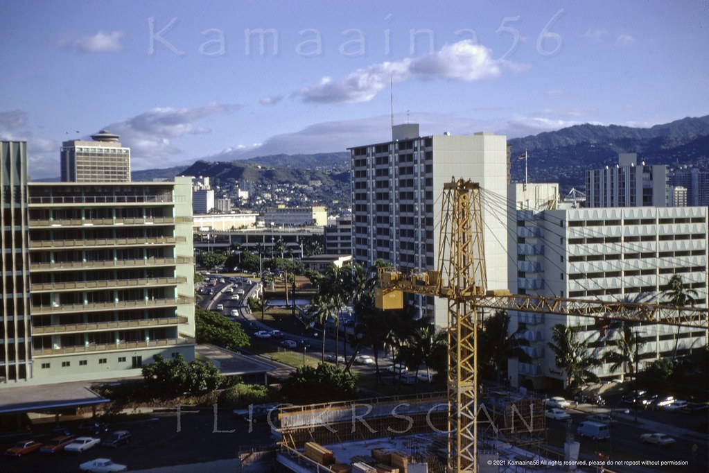 Aerial view looking Ewa (more or less northwest here) along Ala Moana Blvd from the Ilikai Hotel's Yacht Harbor Tower, 1967