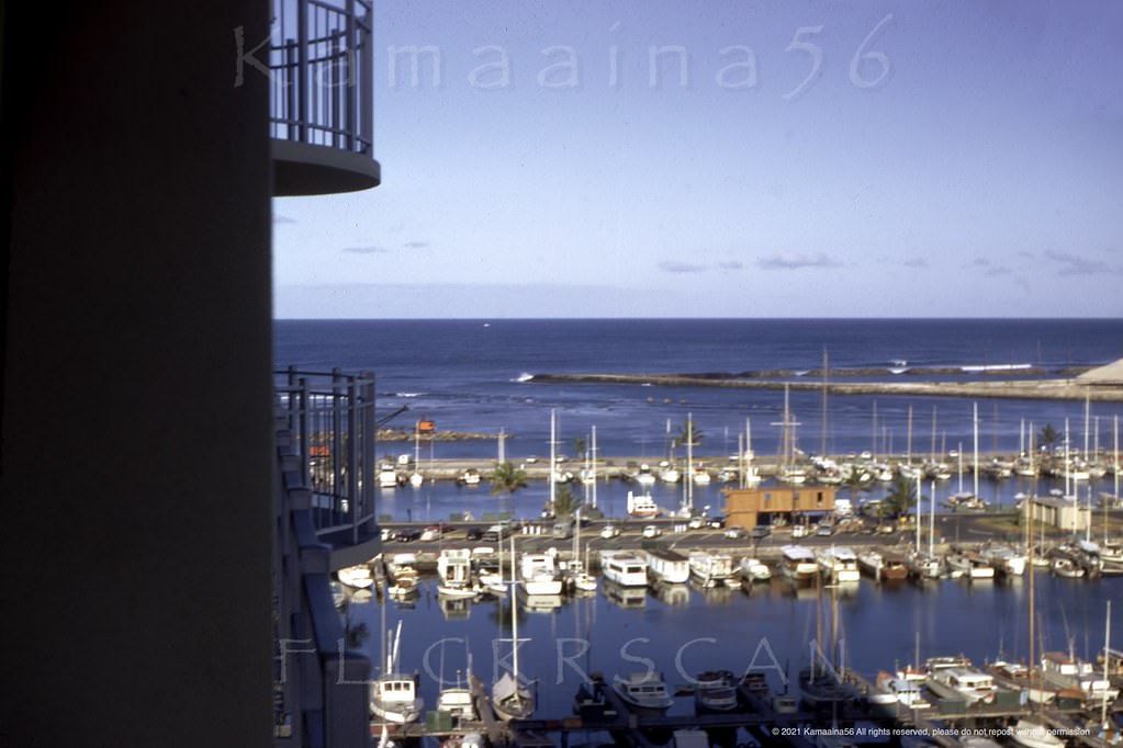 Morning light at the Ala Wai Yacht Harbor seen from the Ewa (west) side of the 17 floor Ilikai Yacht Harbor Tower, 1967