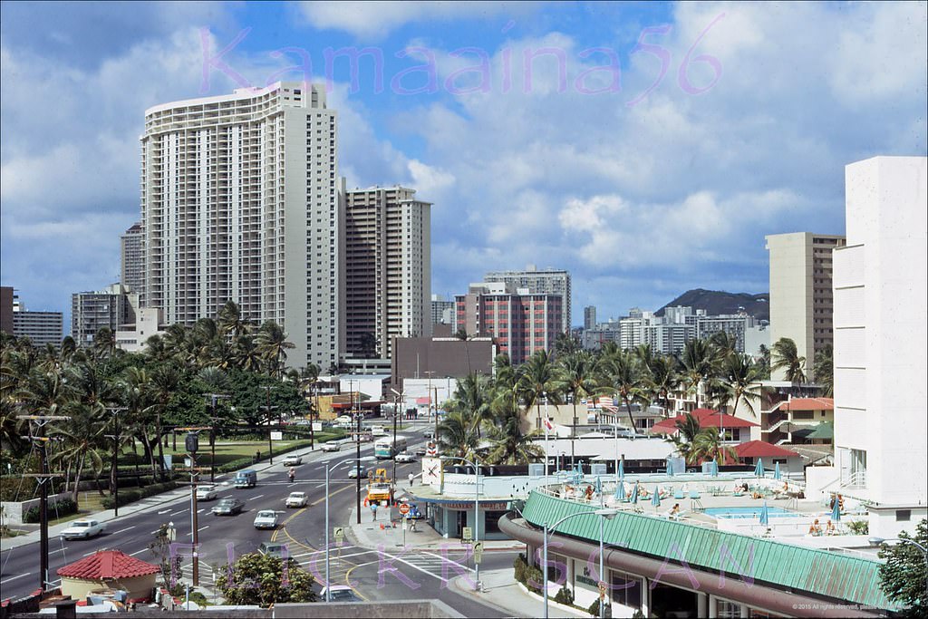 Detailed birdseye view, probably taken from the Waikiki Terrace Hotel, looking west towards the intersection of Kalakaua and Kuhio Avenues, 1971