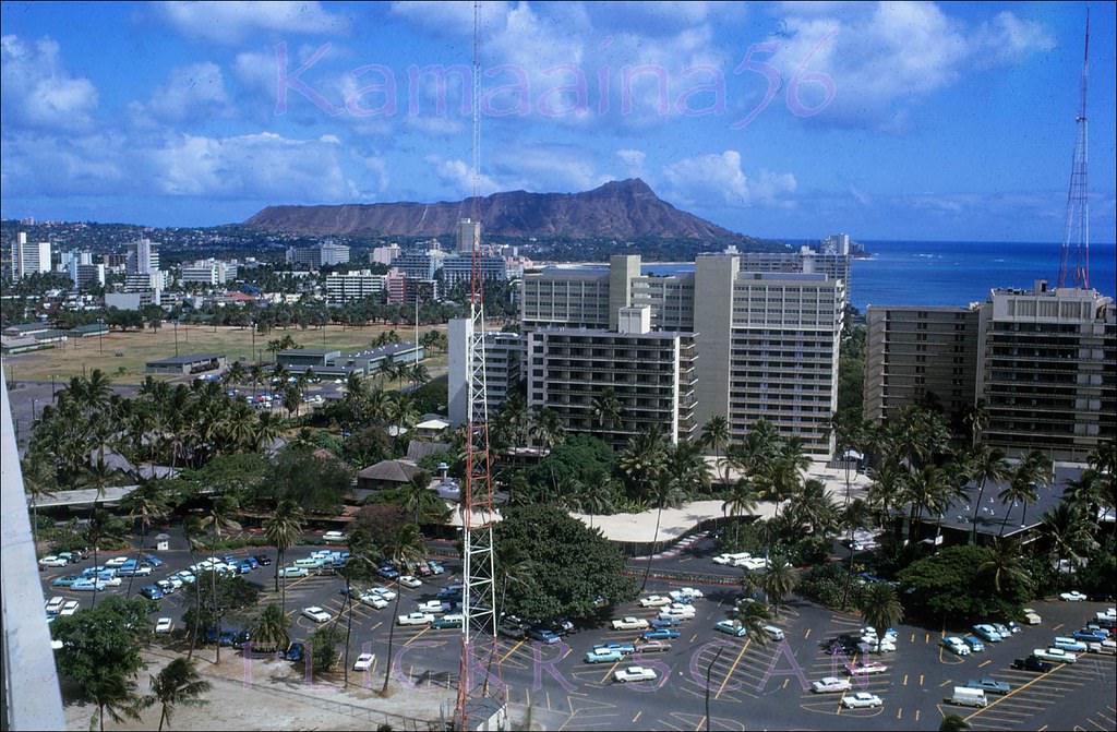 Diamond Head view of Waikiki from an upper floor of the 26-floor 1964 Ilikai Hotel, 1964