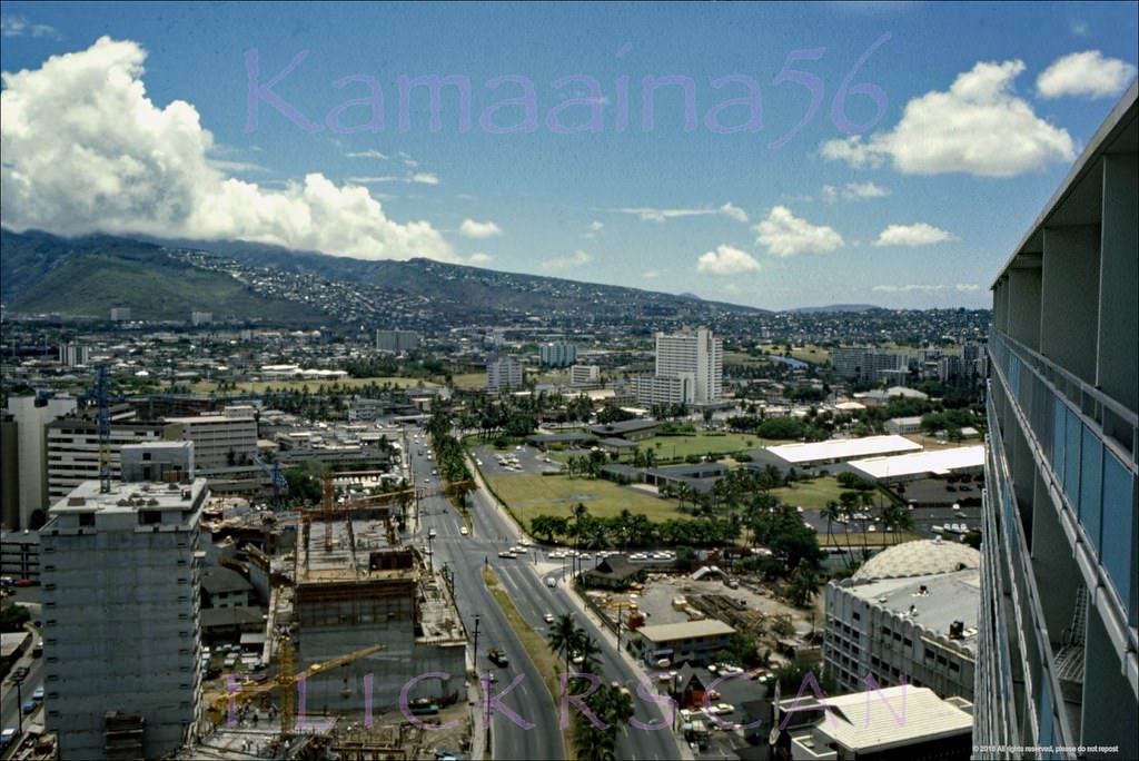 Mauka view (inland) along Wakiki’s Ala Moana Blvd. from the top floor of the Ilikai Hotel, 1969