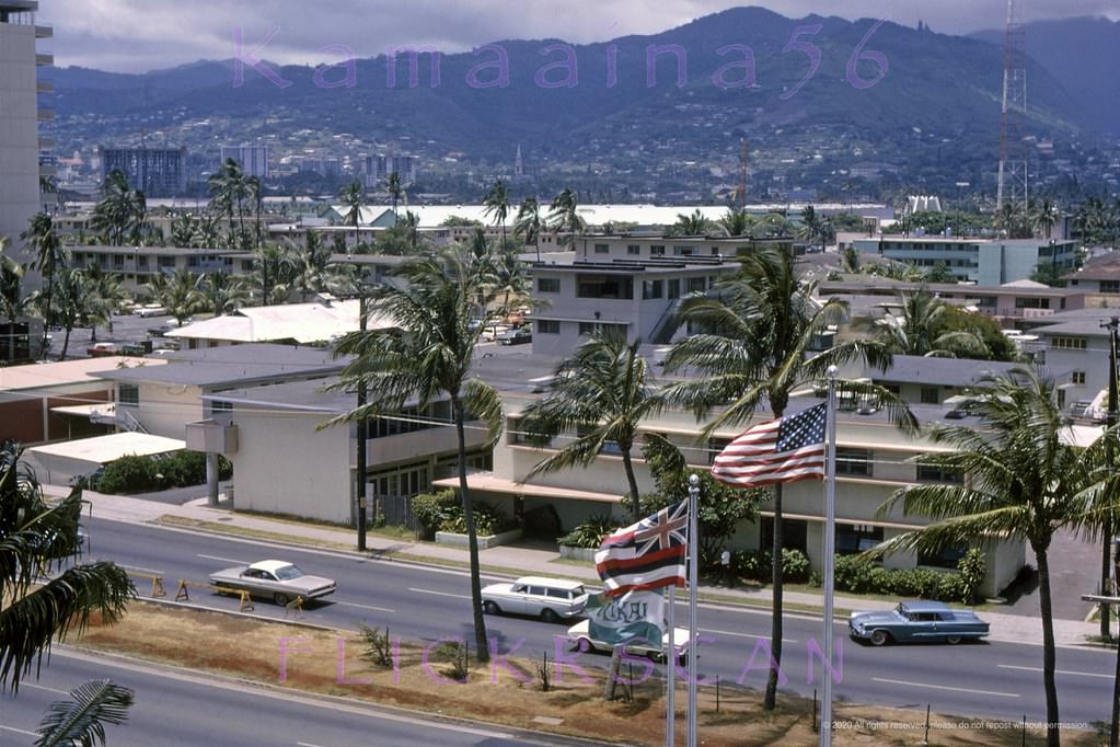 Mauka (inland) view looking more or less northeast from the Ilikai Hotel, 1965.