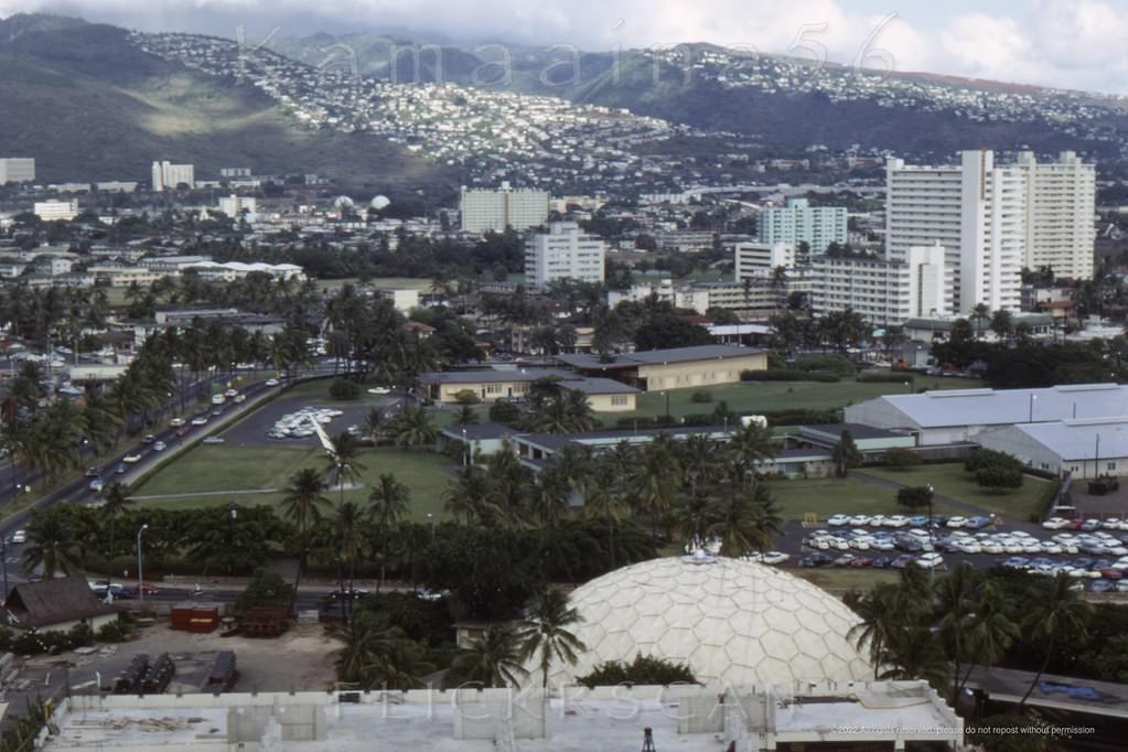 Aerial view from the Rainbow Tower at the Hilton Hawaiian Village looking mauka over Waikiki and Honolulu, 1968