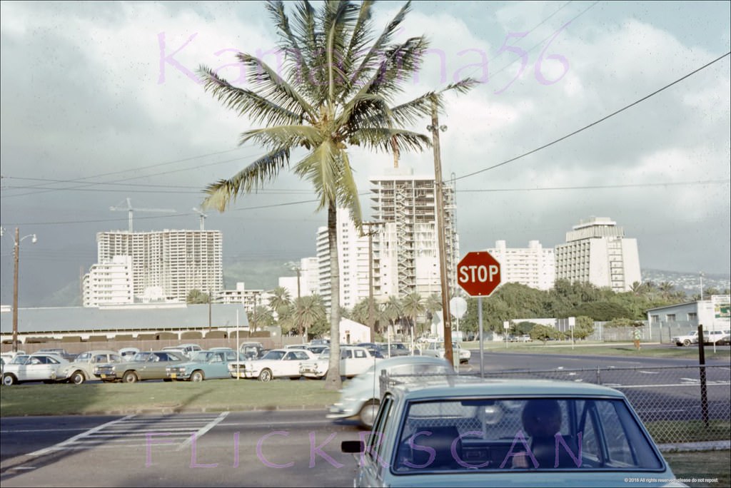 Looking mauka (inland) from Fort DeRussy at the new construction rapidly changing the Honolulu skyline, 1970s