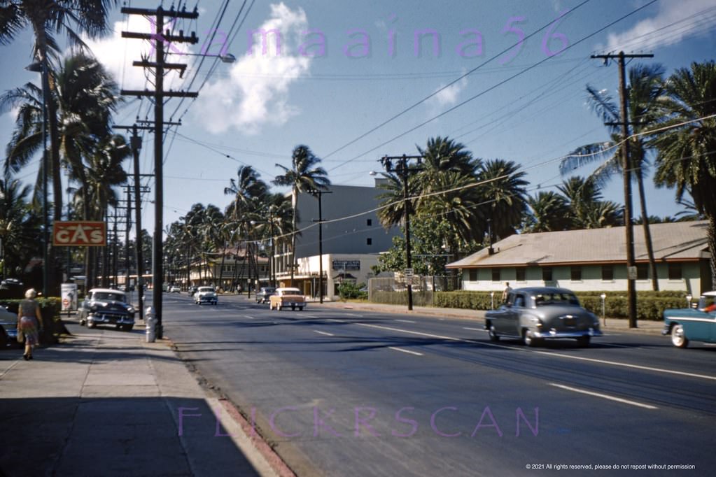 Looking Diamond Head (east) along Waikiki’s Kalakaua Avenue from between Olohana Avenue and Kalaiomuku Street, 1950s