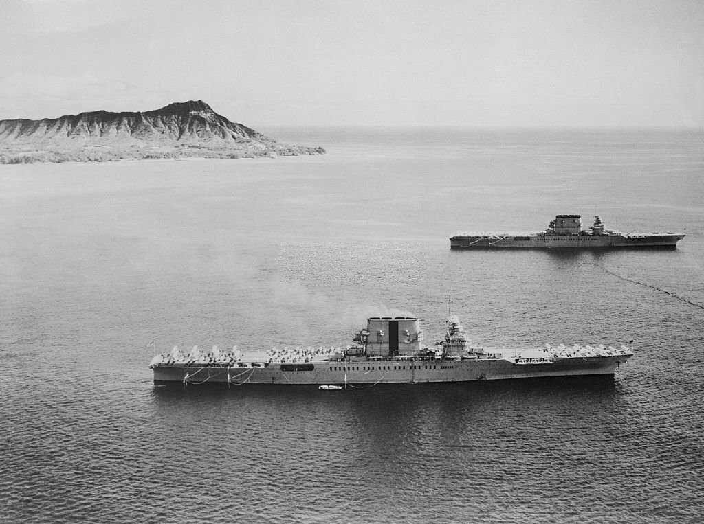 U.S. Military Ships in Water Near Pearl Harbor Attacks, 1940s