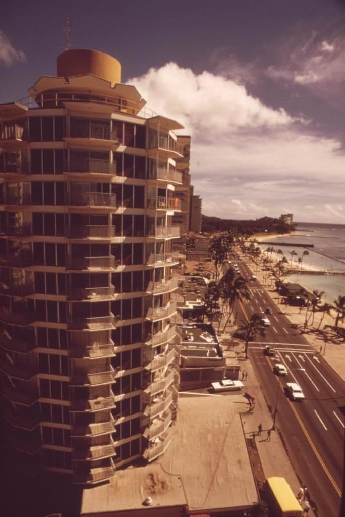 Hotel along the water in the popular Waikiki Beach area, 1973
