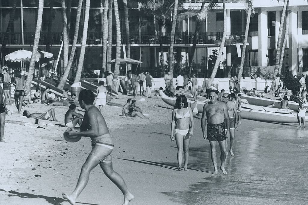 Waikiki Beach at Honolulu is open to all of the public, 1970s