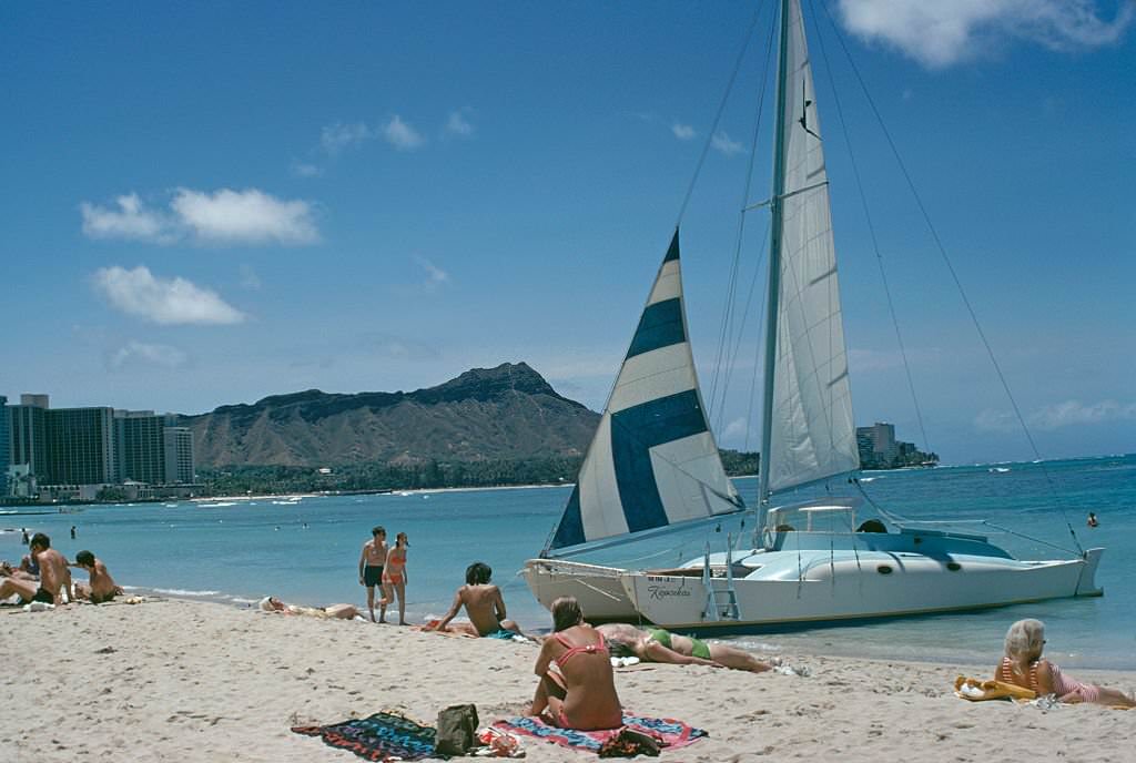 Sunbathers on Waikiki Beach, 1971