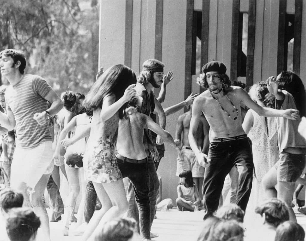 Hawaiian teenagers dancing at a free rock concert in Honolulu's Kapiolani Park, 1970