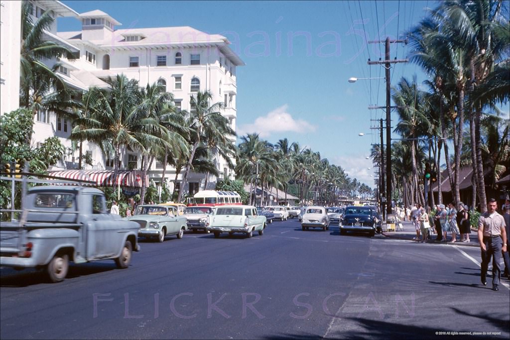 Looking west along Waikiki’s Kalakaua Avenue from the Kaiulani Avenue intersection, 1962