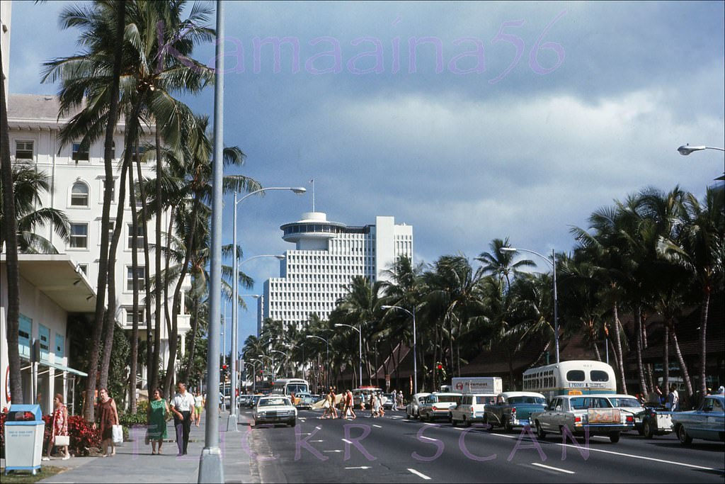 Looking west along Waikiki’s Kalakaua Avenue from the Kaiulani Avenue intersection, 1967