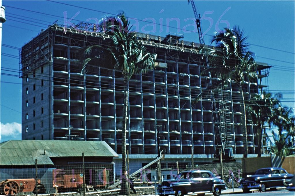 The 12 story Princess Kaiulani Hotel under construction on Kalakaua Avenue, 1954