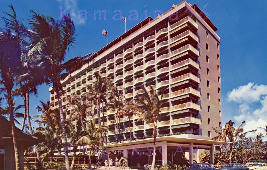 View from Waikiki's Kaiulani Avenue of the 12 floor Princess Kaiulani Hotel around the time it opened, 1955.