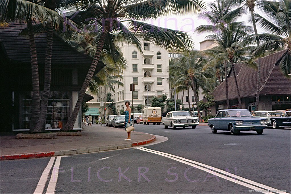 Looking makai along Kaiulani Avenue from the corner of Koa Avenue, 1964