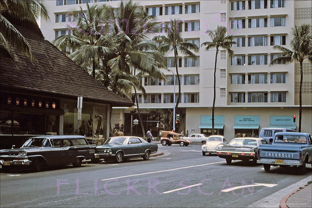 The intersection of Kalakaua and Kaiulani Avenues in the heart of Waikiki, 1969