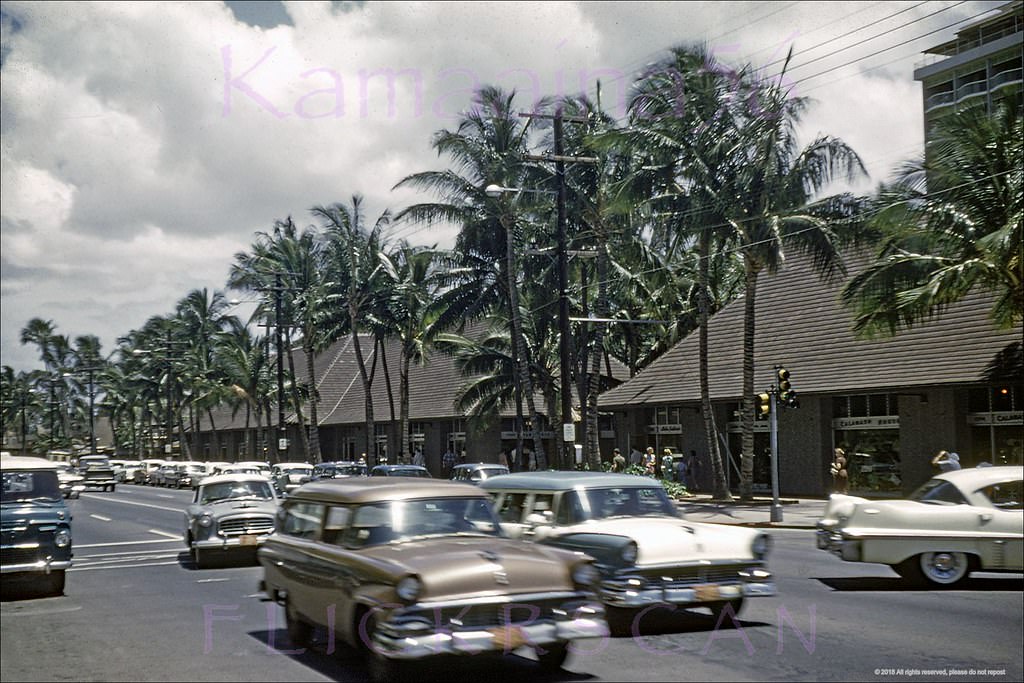 Kalakaua Avenue looking Ewa (west) from the intersection with Kaiulani Avenue, 1960