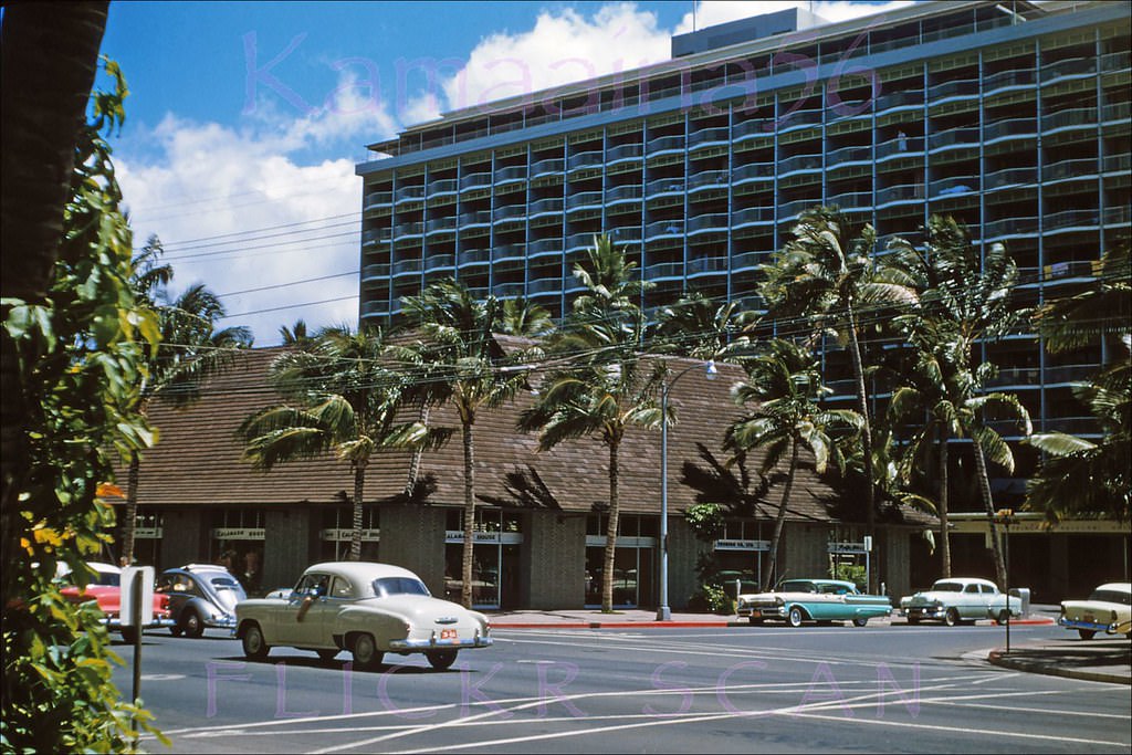 The Princes Kaiulani Hotel viewed from the busy intersection of Kalakaua and Kaiulani Avenues in Waikiki, 1957