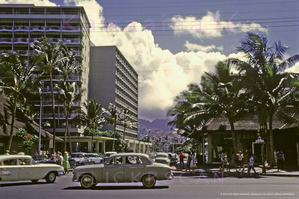 Mauka view along Kaiulani Avenue at the intersection with Kalakaua Avenue, 1962