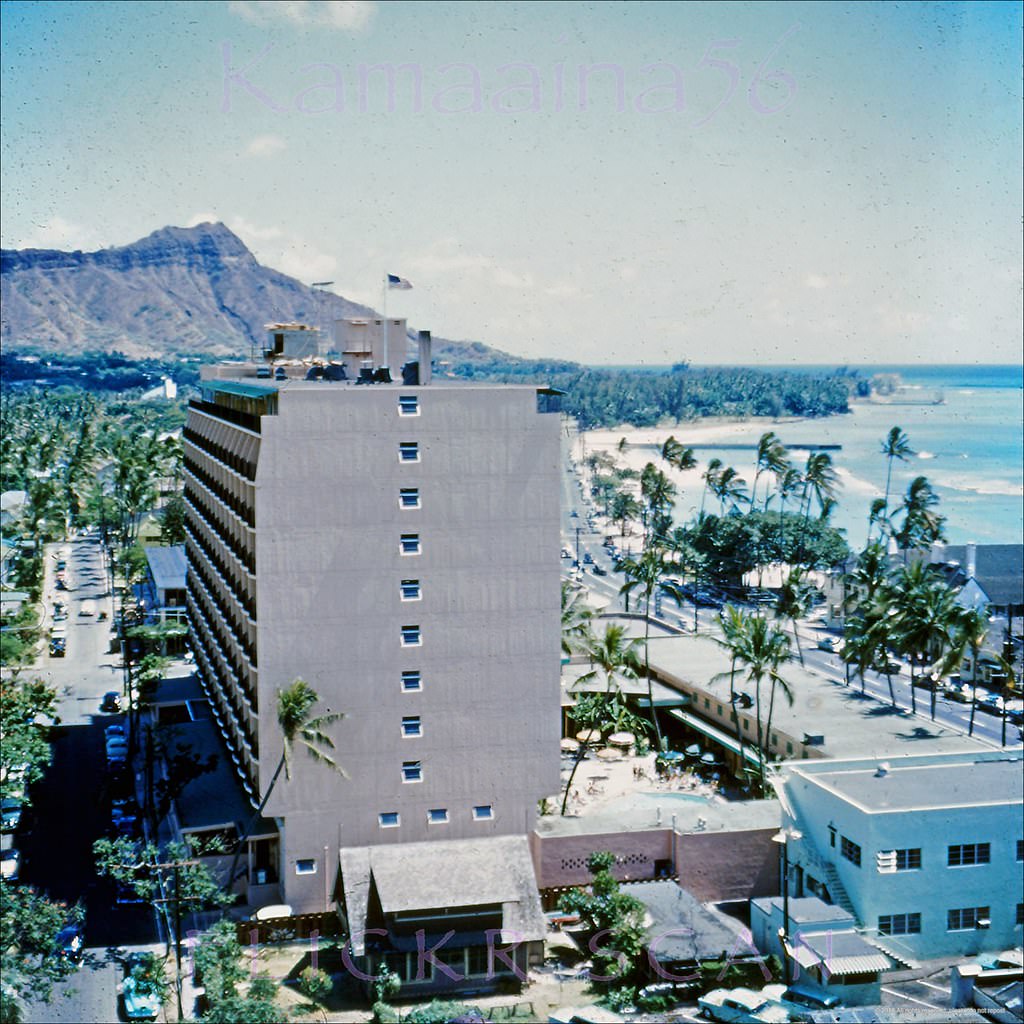 Diamond Head view from an upper floor at the Princess Kaiulani Hotel, 1956