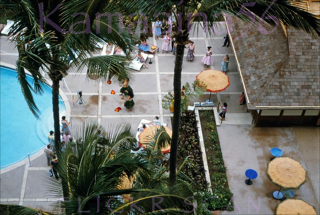 Looking down at the pool area of the Princess Kaiulani Hotel from an upper floor, 1955