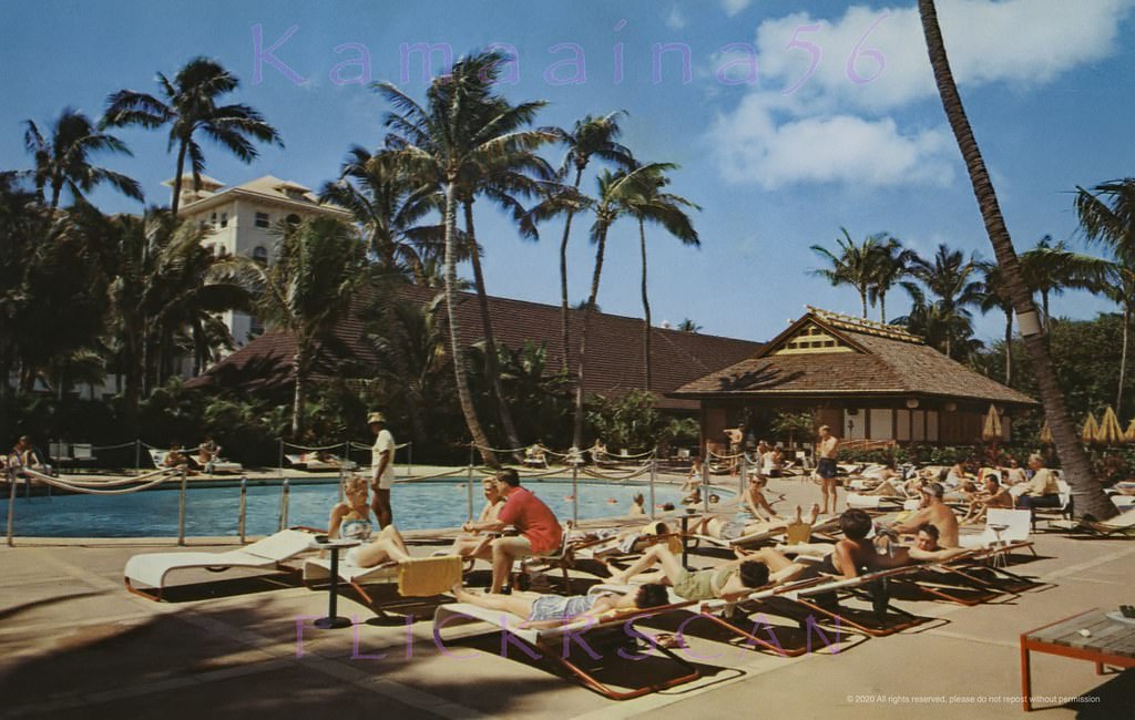 The pool at the Princess Kaiulani Hotel, with a glimpse of the Moana Hotel across Kalakaua Avenue, 1950s