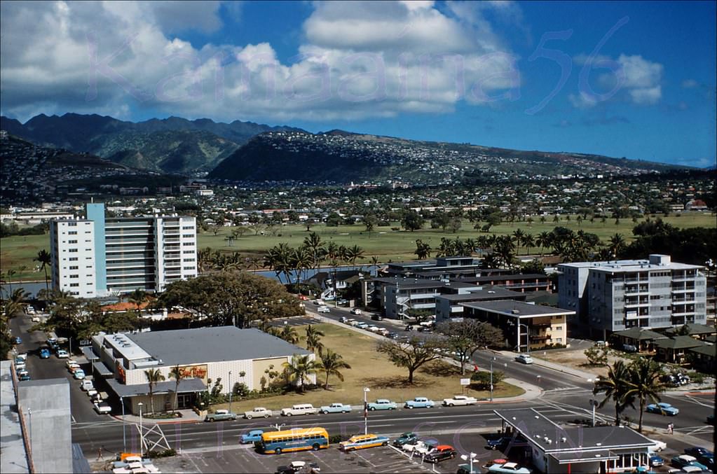 Mauka view of Kuhio Avenue and vicinity from an upper floor at the Princess Kaiulani Hotel, 1962