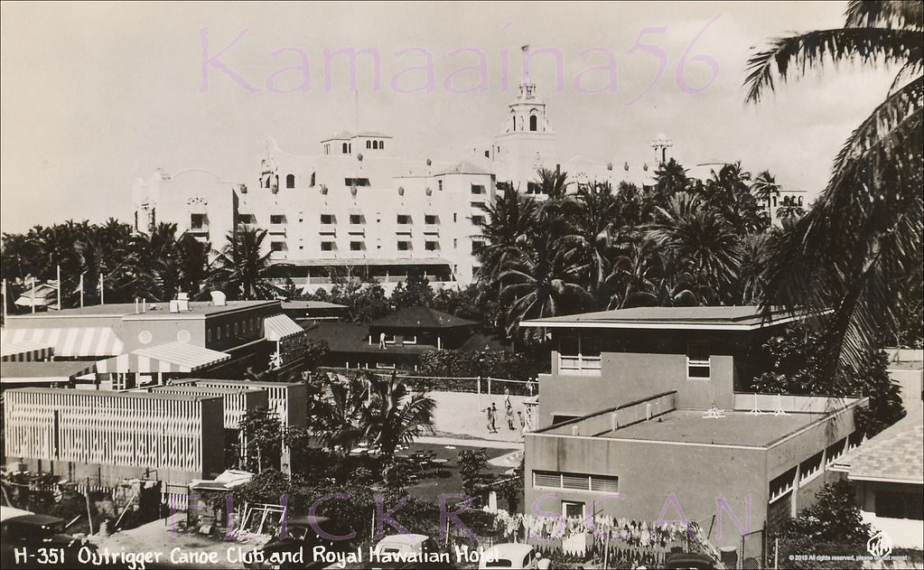 Looking west from an upper floor at the Moana Hotel at the Outrigger Canoe Club and the Royal Hawaiian Hotel, 1940s