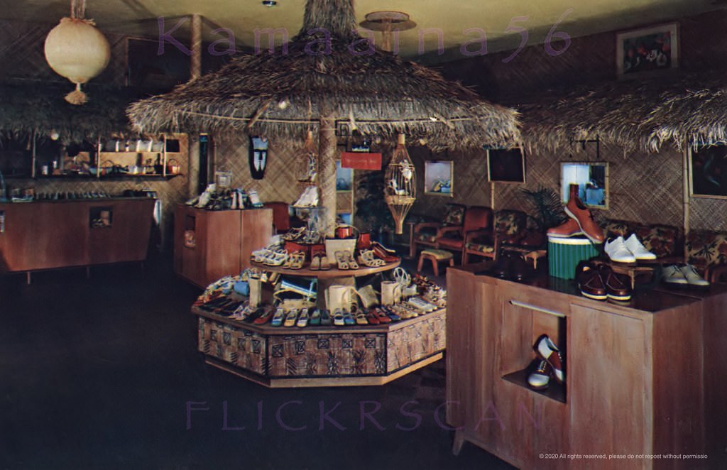 Shoe store in Waikiki on the makai side of Kalakaua Avenue in the Outrigger Arcade complex where the Outrigger Hotel is today, 1950s