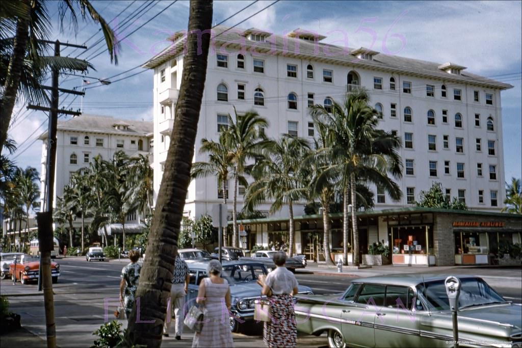 Waikiki’s Kalakaua Avenue looking towards the Moana Hotel from around the International Market Place, 1960