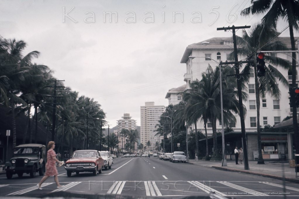 Further Diamond Head along Waikiki’s Kalakaua Avenue, 1964