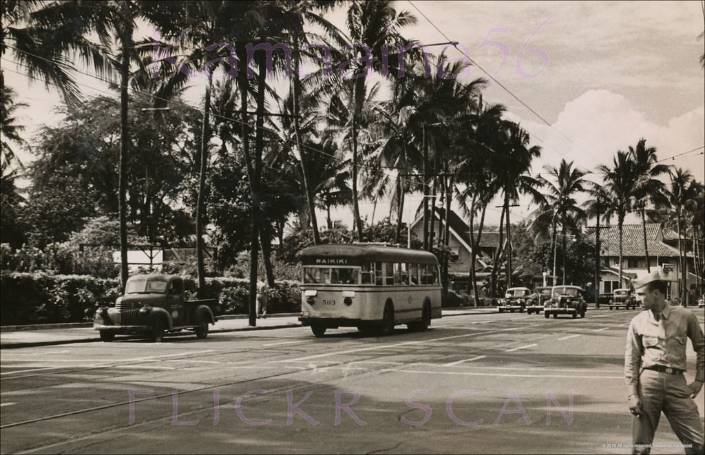 Kalakaua Avenue at the intersection with Royal Hawaiian Avenue in Waikiki Town, 1944