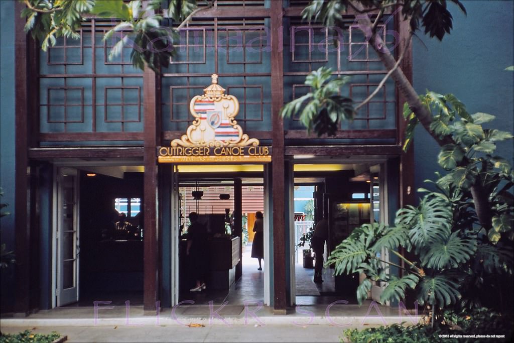 Entrance to the Outrigger Canoe Club in the breezeway behind the Outrigger Arcade shops, 1955