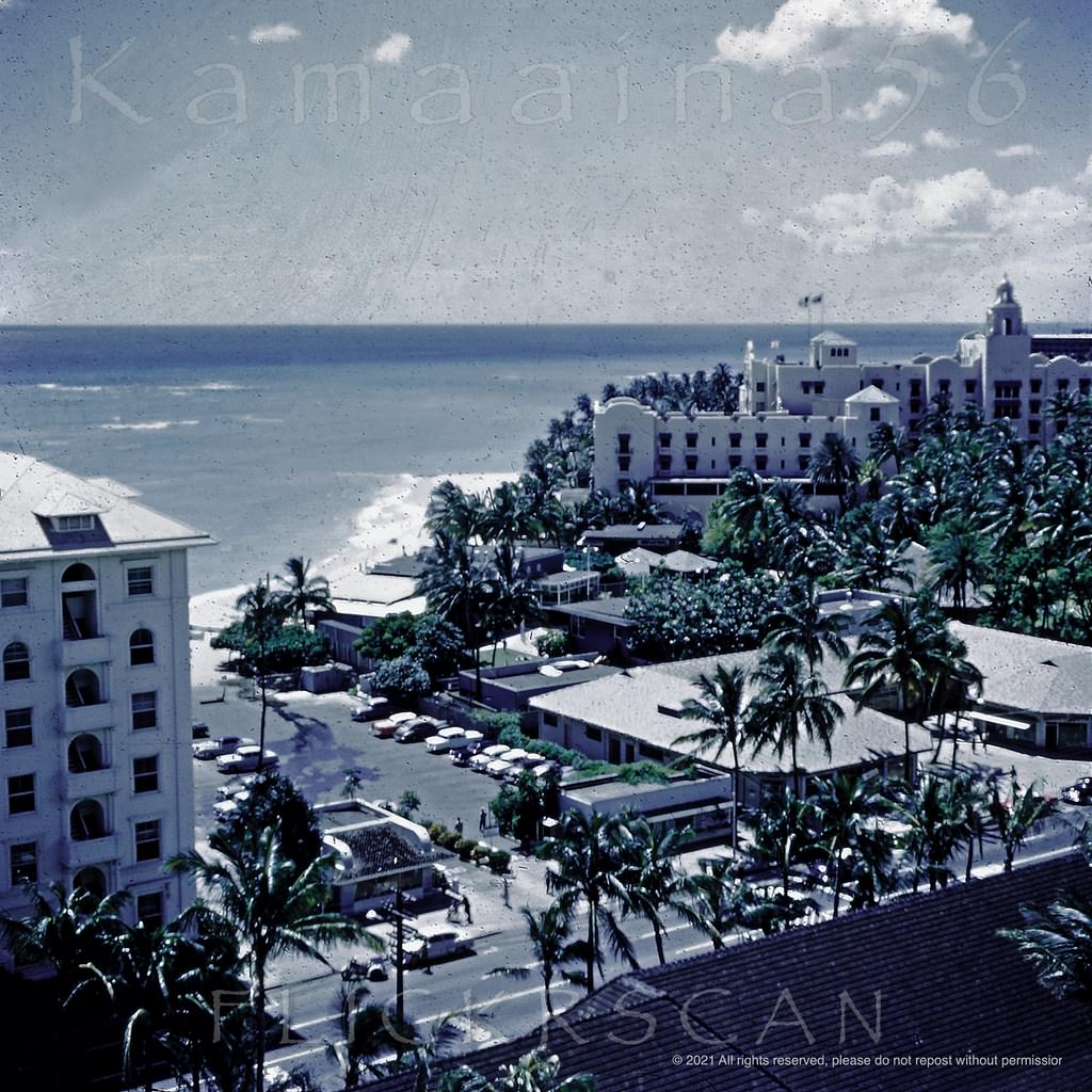 Waikiki Beach and ocean view from an upper floor at the 12-floor Princess Kaiulani Hotel, 1956
