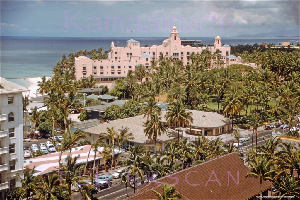 Beautifully detailed aerial view of Waikiki’s Kalakaua Avenue from an upper floor at the Princess Kaiulani Hotel, 1950s